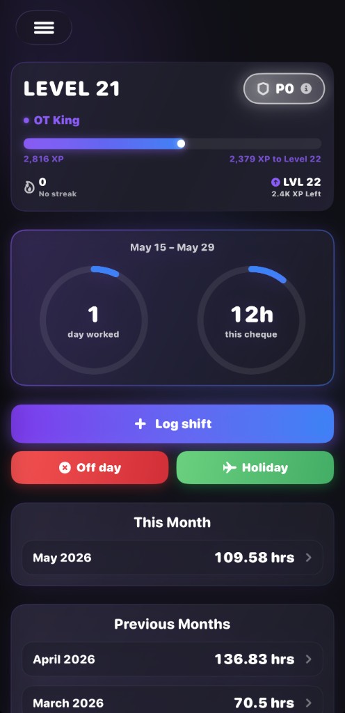Hour Tracker on iPhone: level and XP progress, pay period summaries, shift logging, monthly hours totals.