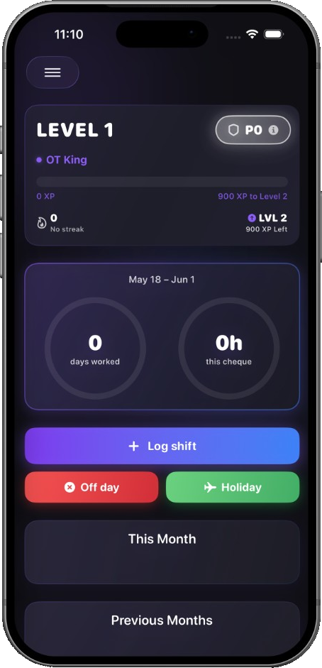 Hour Tracker on iPhone: home dashboard with level progress, pay-period summary, Log shift, Off day, and Holiday actions.